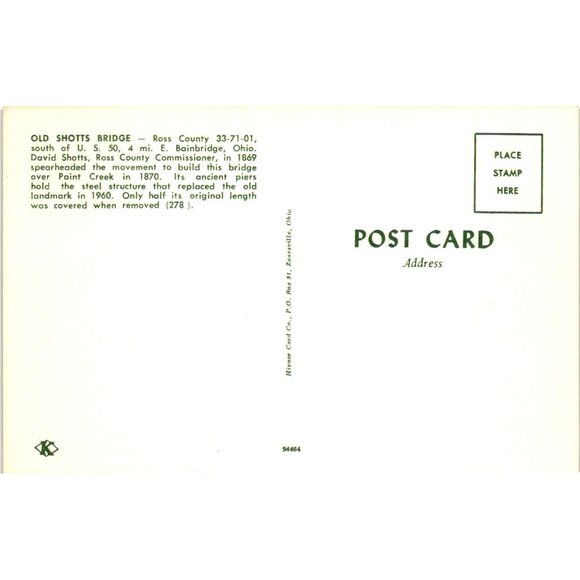 Old Shotts Covered Bridge Postcard Travel Souvenir Unposted Ross County Ohio - Picture 2 of 2